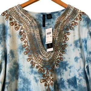 NWT Audrey Mai blue tie-dye embroidered knit jersey stretch cotton L/S tunic top